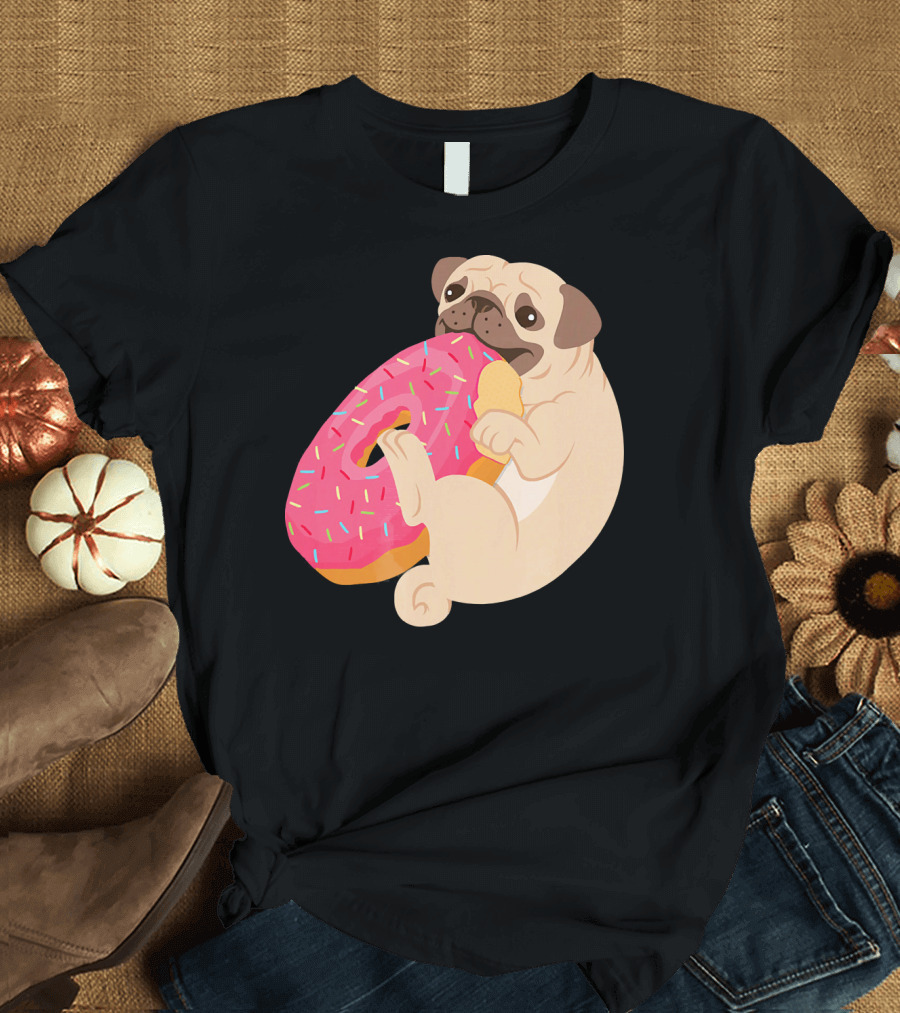 Pug Puppy Holding Sprinkled Donut T-Shirt