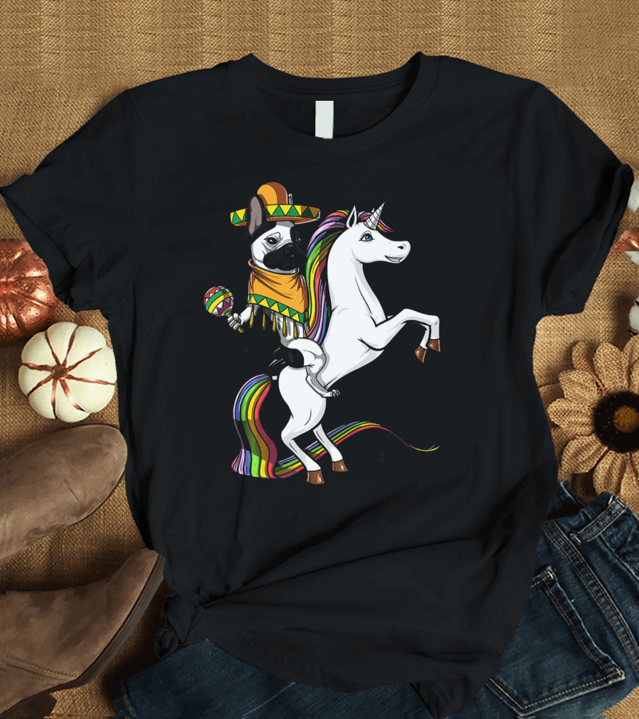 Mexican French Bulldog with Sombrero and Maraca Riding Rainbow Unicorn T-Shirt