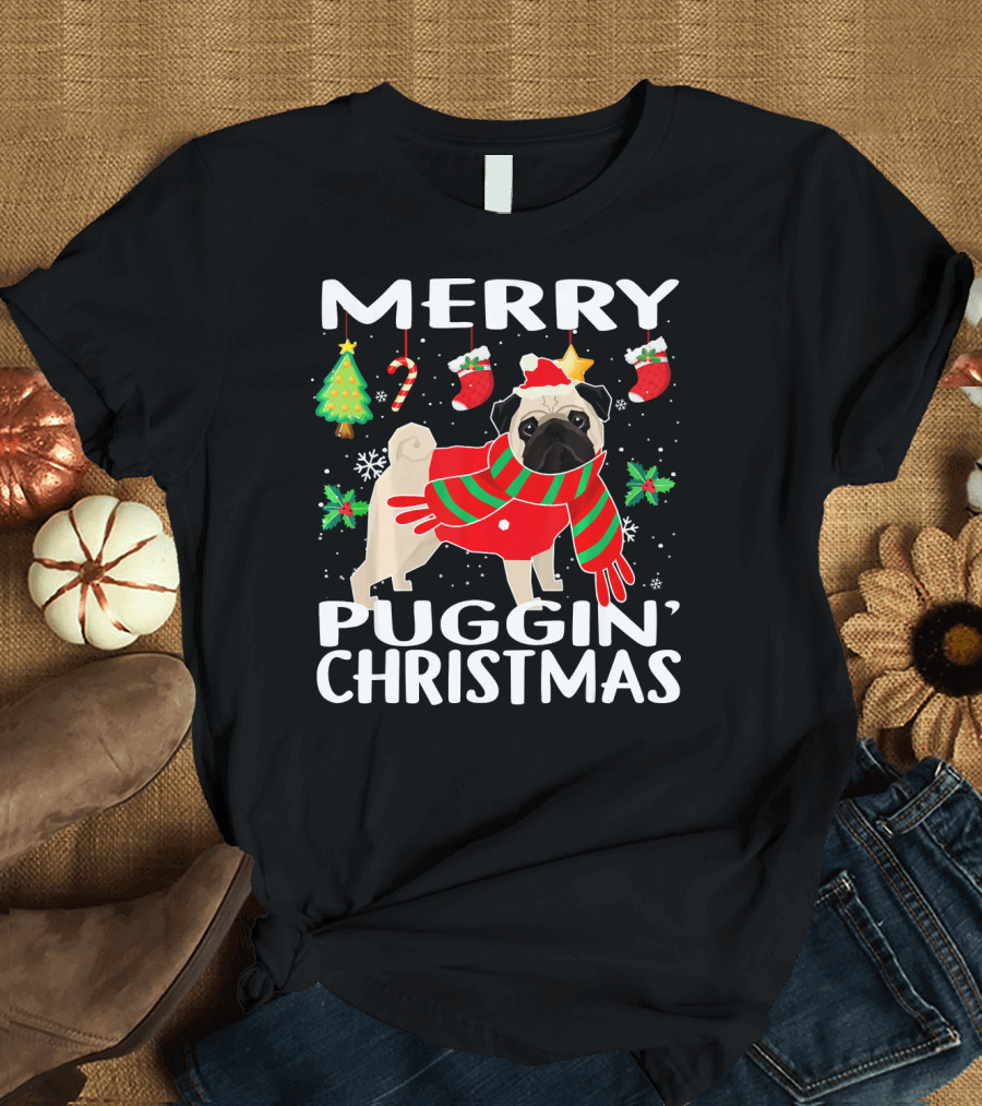 Merry Puggin Christmas Funny Holiday Pug with Santa Hat and Festive Decorations T-Shirt