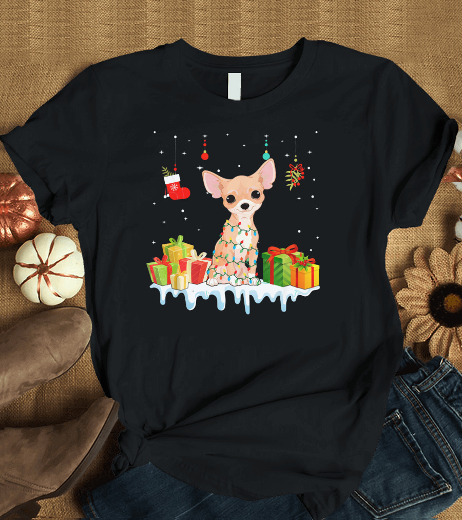 Christmas Chihuahua with Presents and Holiday Lights T-Shirt
