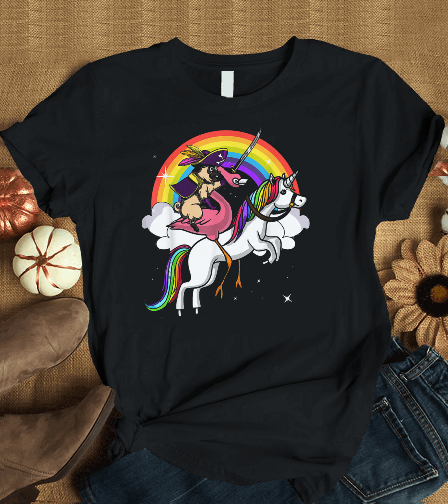Pug Dog Pirate and Flamingo Bird Riding Rainbow Unicorn T-Shirt
