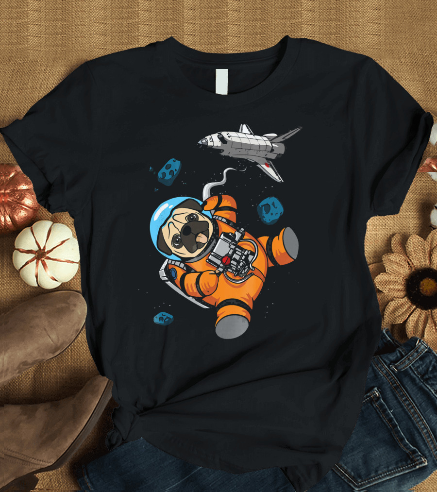 Pug Astronaut Floating with Space Shuttle and Asteroids in Galaxy T-Shirt