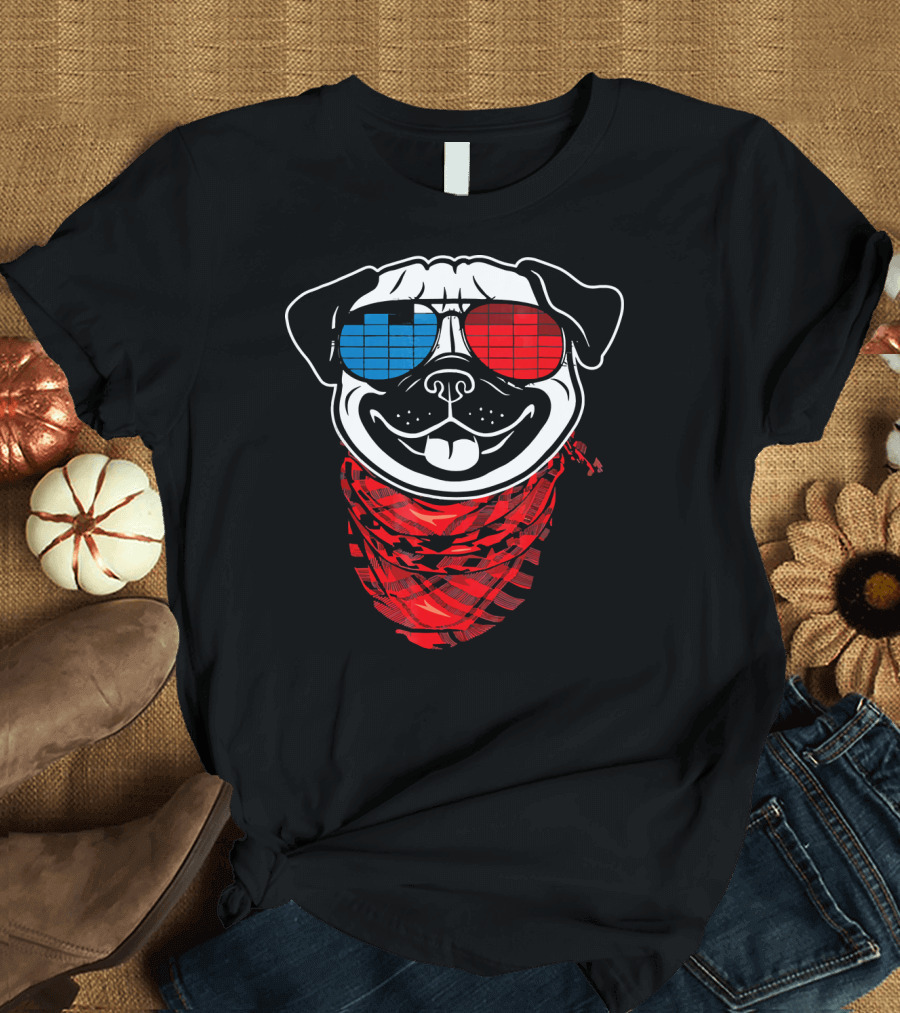 Pug LED Sound Activated Glow Light Red and Blue Sunglasses T-Shirt