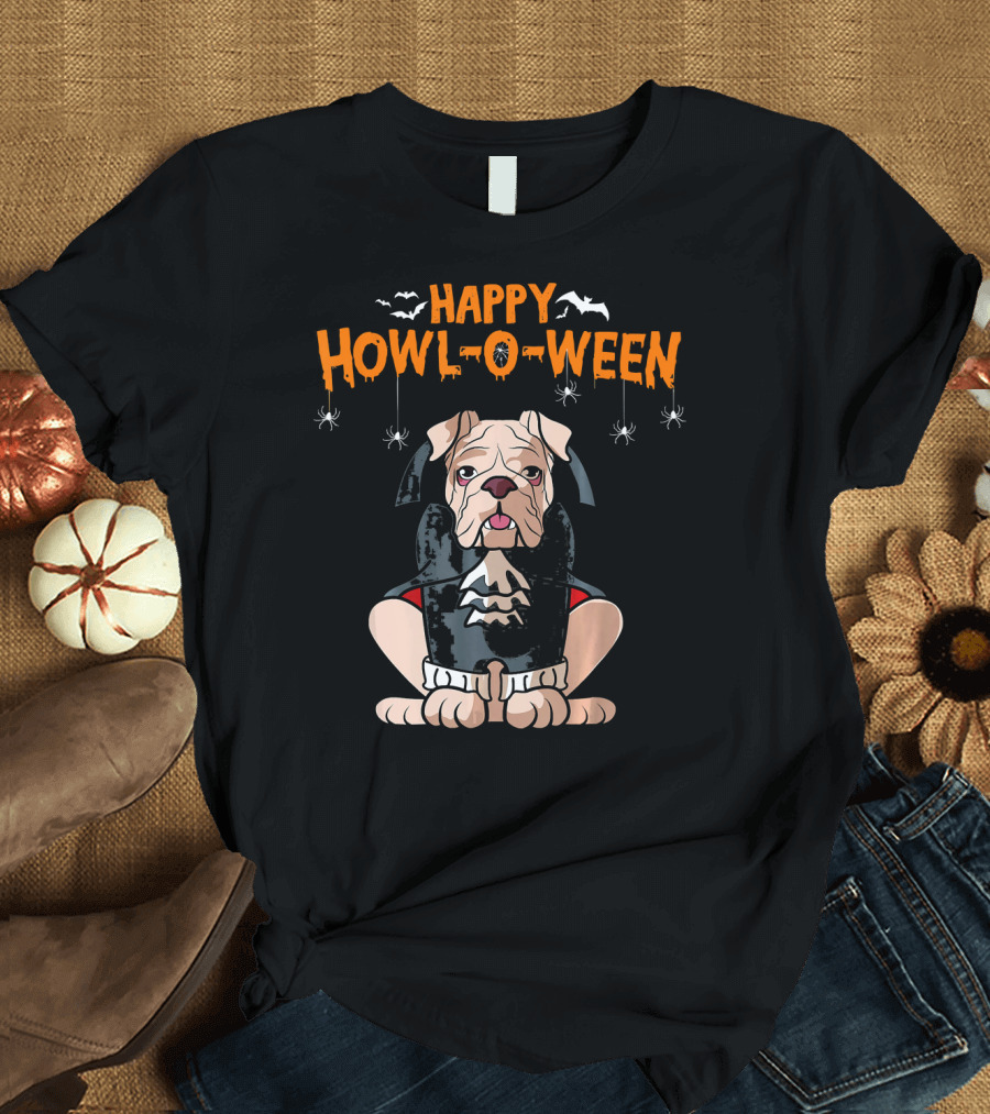 Happy Howl-o-Ween English Bulldog Vampire with Bats and Spiders T-Shirt