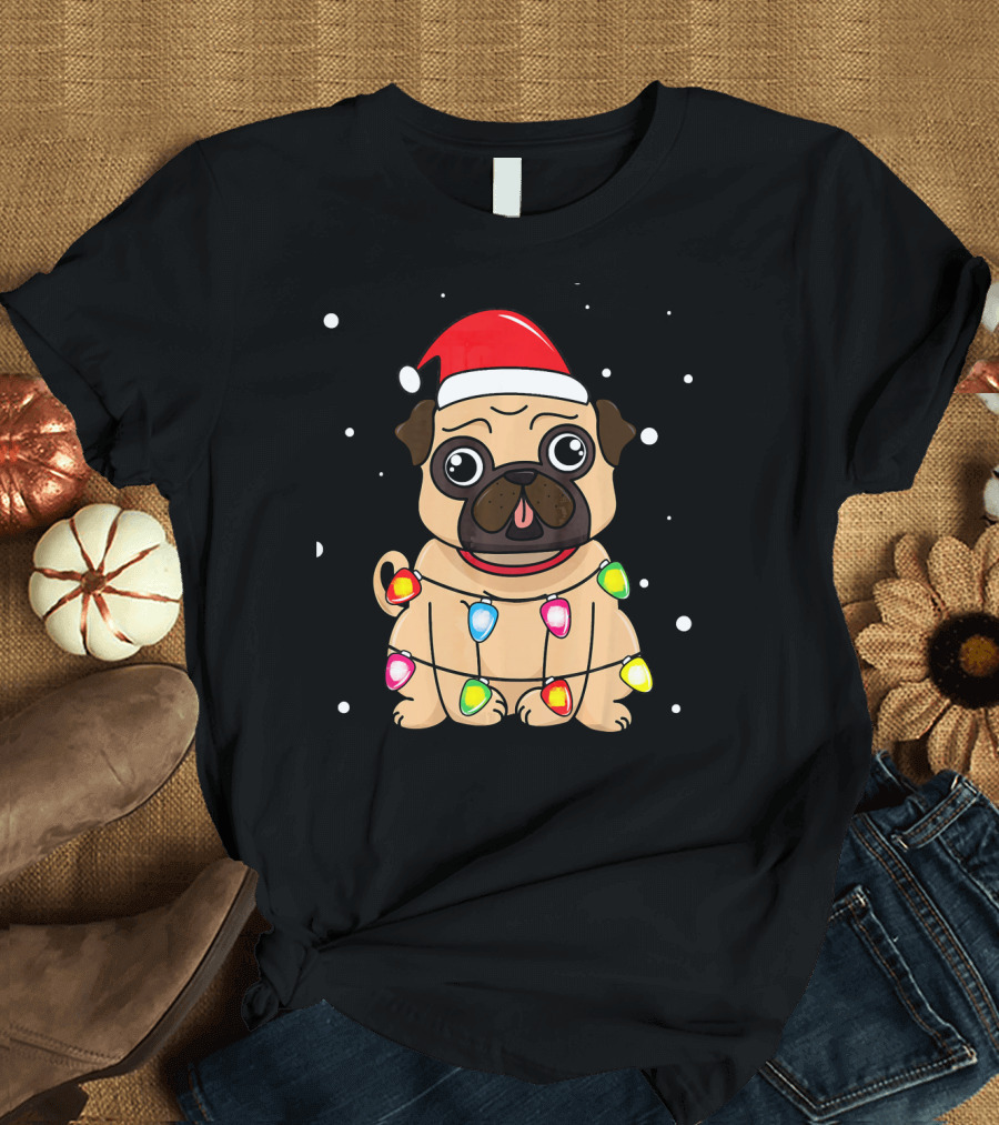 Pug Wearing Santa Hat and Christmas Lights T-Shirt