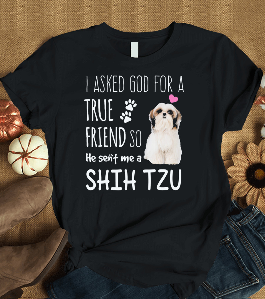 I Asked God for a True Friend So He Sent Me a Shih Tzu with Paw Prints and Heart T-Shirt