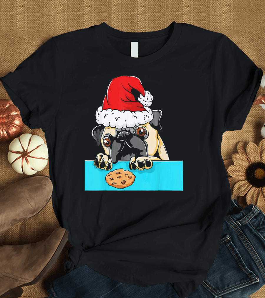 Pug Dog with Santa Claus Hat Looking at Cookie Funny Chris T-Shirt