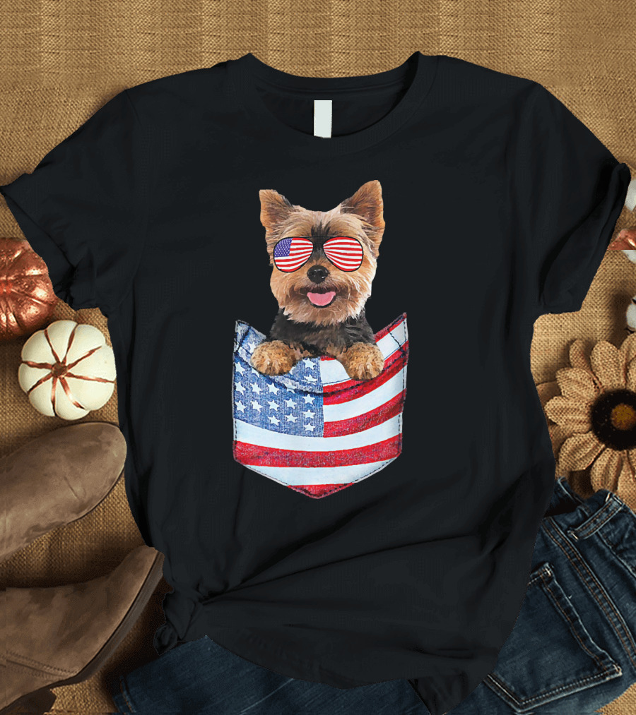 Yorkshire Terrier Yorkie in American Flag Pocket with Sunglasses T-Shirt