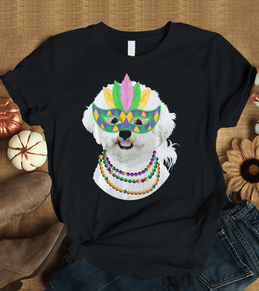 Bichons Frise in Mardi Gras Mask and Beads Collar T-Shirt
