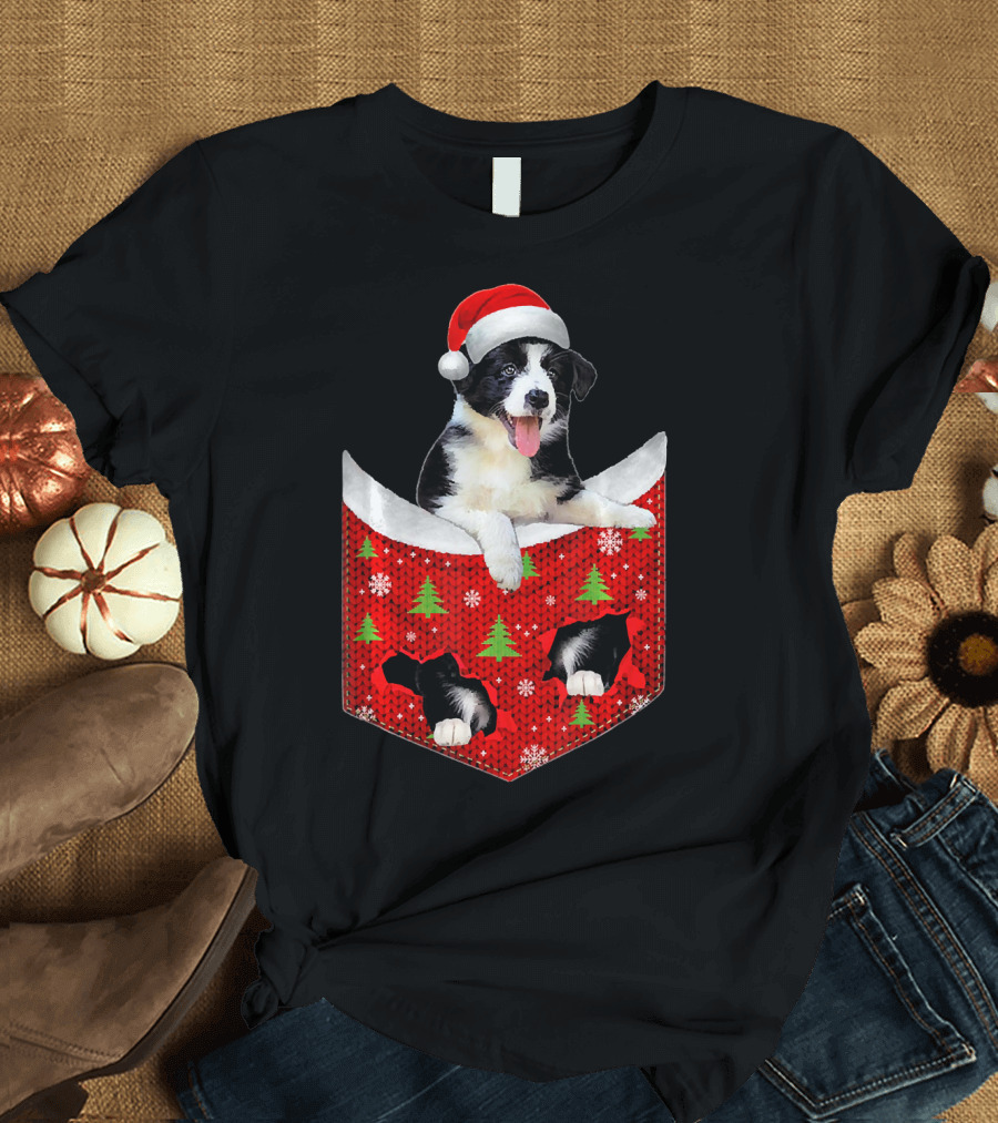 Border Collie Dog Christmas Santa Hat Red Pocket T-Shirt