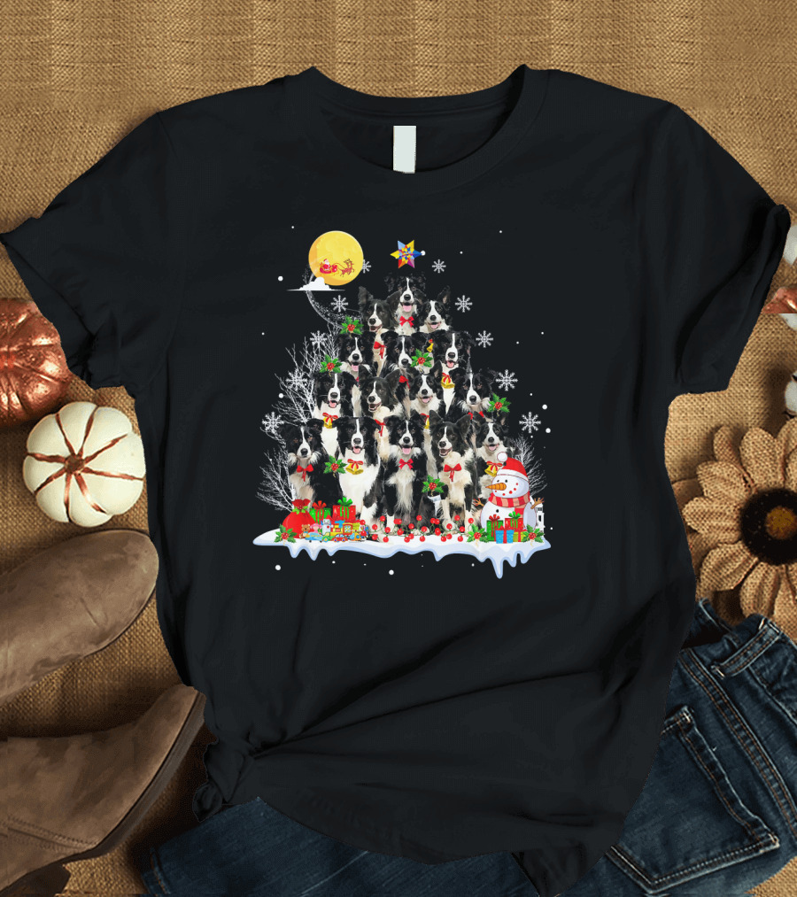Border Collie Christmas Tree with Reindeer Sleigh and Snowman T-Shirt