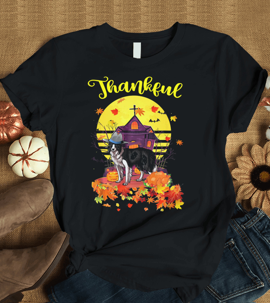 Thankful Border Collie Dog in Pilgrim Hat with Halloween Pumpkin and Autumn Leaves T-Shirt
