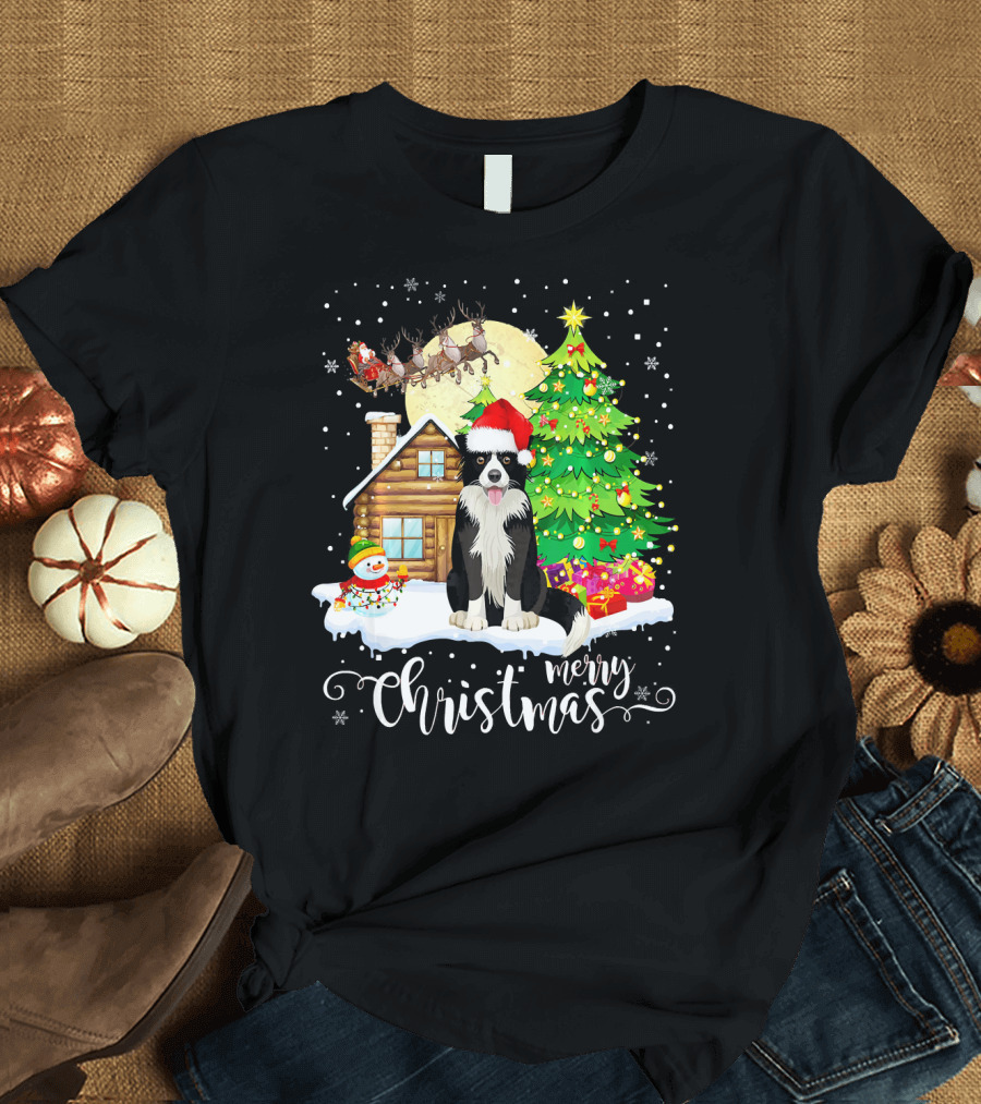 Border Collie Merry Christmas Santa Hat Christmas Tree Cabin Scene T-Shirt