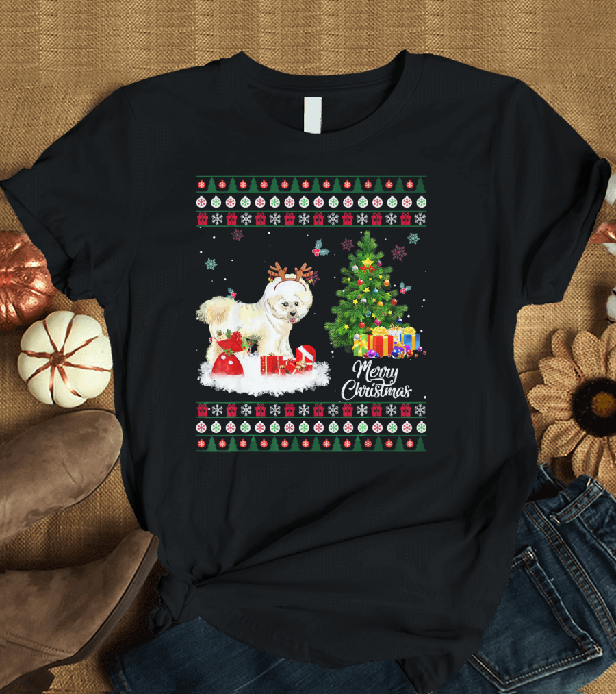 Merry Christmas Bichon Frise Funny Reindeer with Gifts and Tree T-Shirt