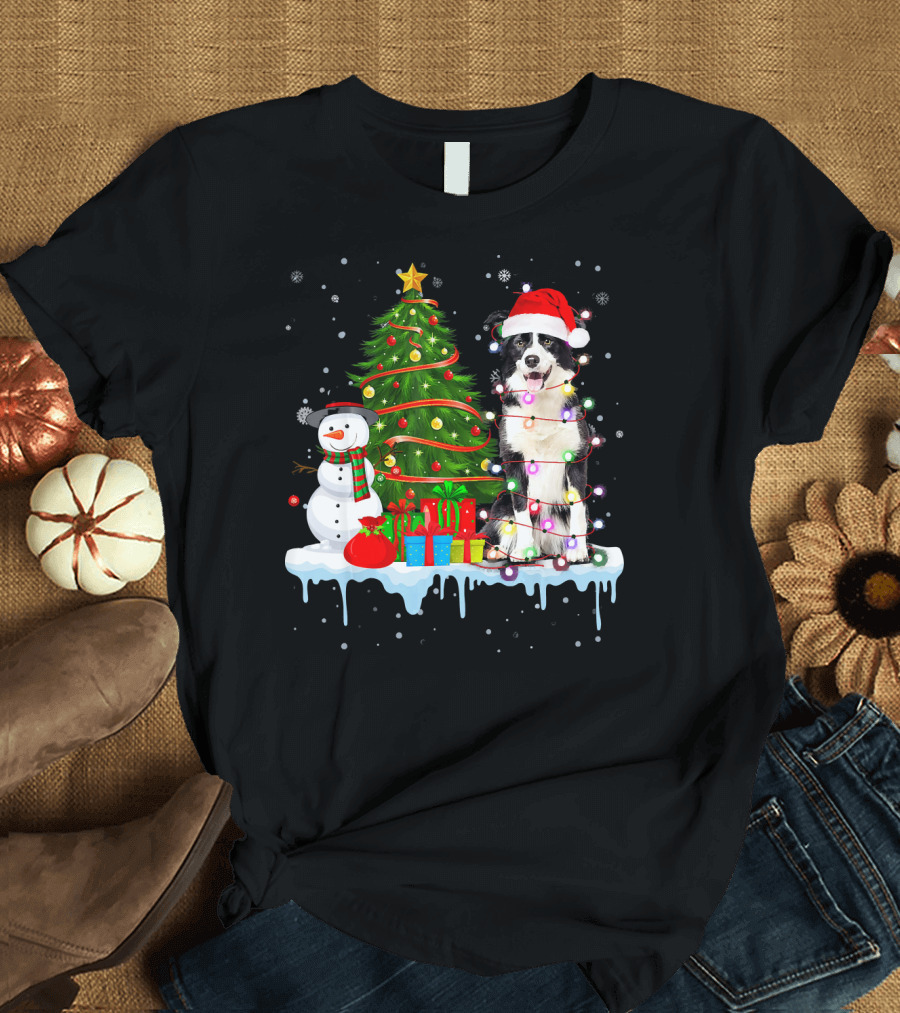 Border Collie Santa Hat Christmas Tree Lights Snowman T-Shirt