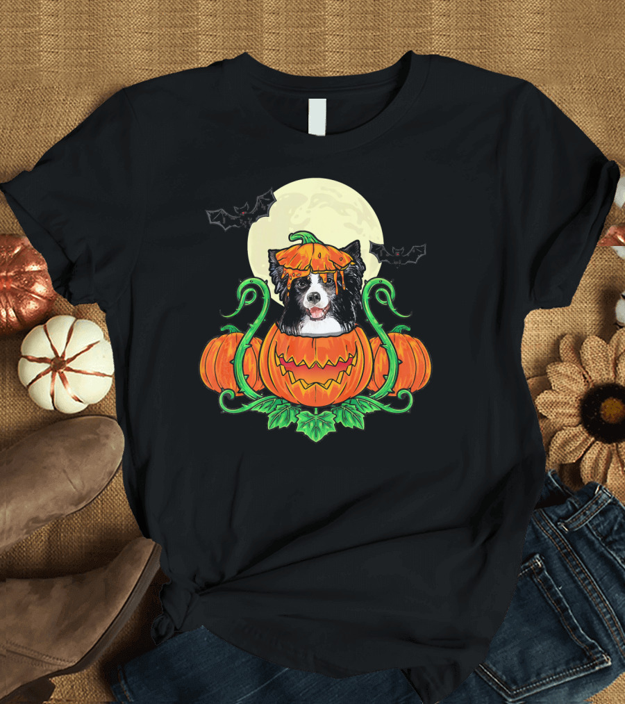 Border Collie Inside Carved Pumpkin with Full Moon and Bats T-Shirt