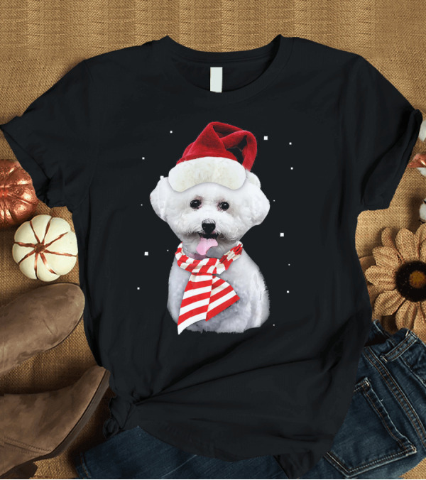T-Shirt: Bichon Frise Santa Merry Christmas Dog with Red Hat and Scarf T-Shirt Bichon Frise Santa Merry Christmas Dog with Red Hat and Scarf T-Shirt