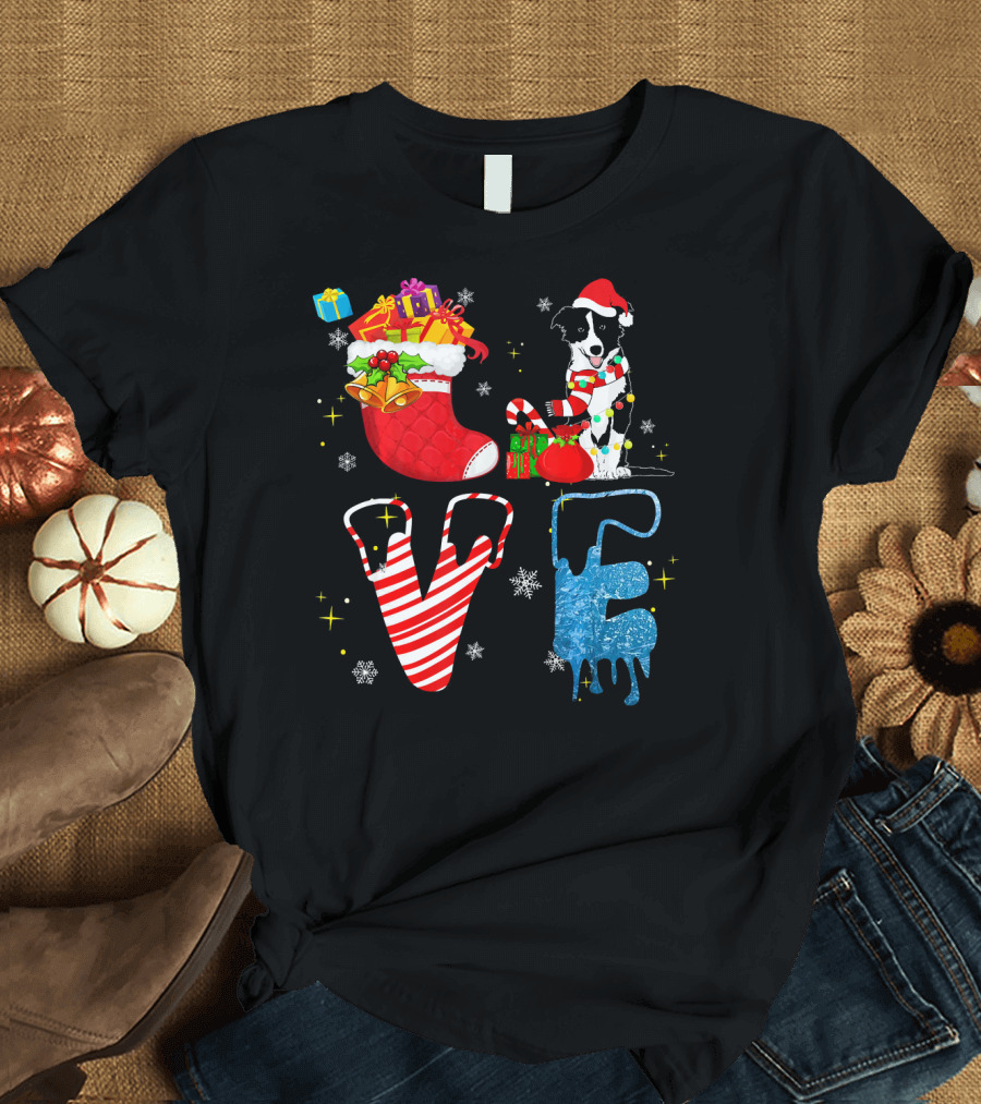 Border Collie Forever Love Merry Christmas Stocking Santa Hat Snowflakes T-Shirt