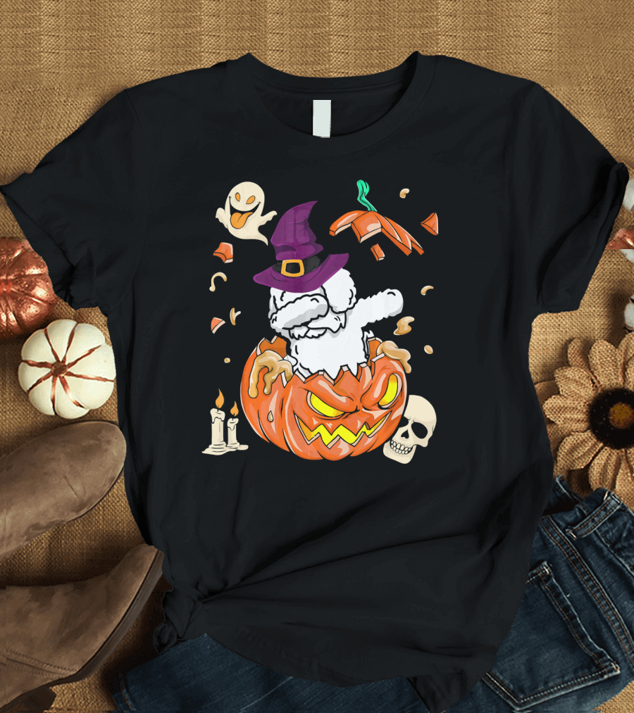 Bichon Frise Dog Dabbing in Halloween Pumpkin with Witch Hat and Skull T-Shirt