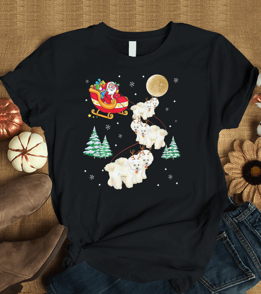 Santa's Sleigh Bichon Frise Reindeer Christmas Moon Snowflakes T-Shirt