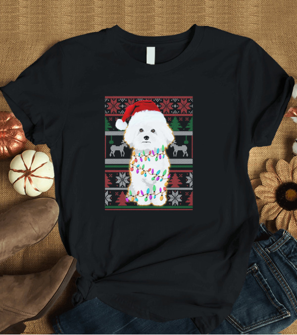 T-Shirt: Bichon Frise Festive Christmas Lights and Santa Hat T-Shirt Bichon Frise Festive Christmas Lights and Santa Hat T-Shirt