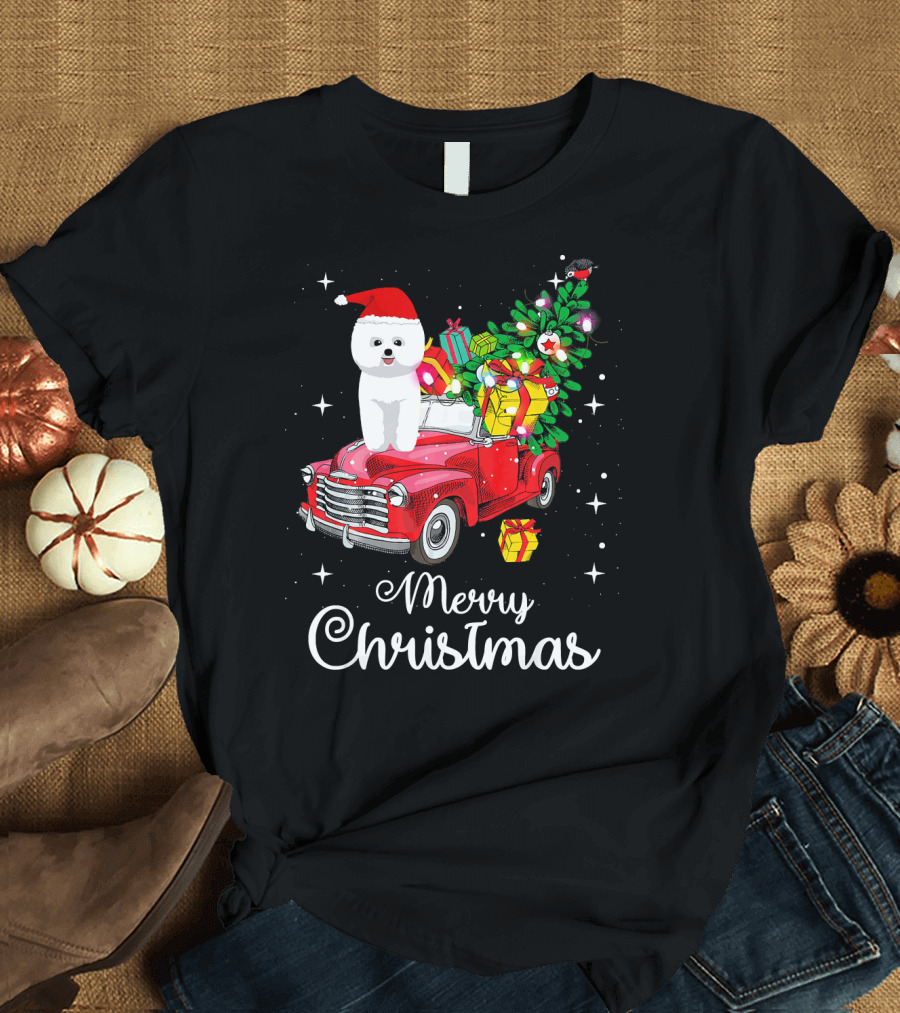 Merry Christmas Bichon Frise Santa Hat on Red Truck with Gifts and Tree T-Shirt