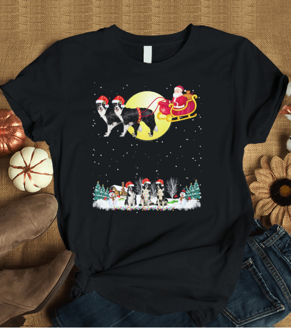 T-Shirt: Santa Sleigh Border Collie Christmas Scene with Snowmen and Lights T-Shirt Santa Sleigh Border Collie Christmas Scene with Snowmen and Lights T-Shirt