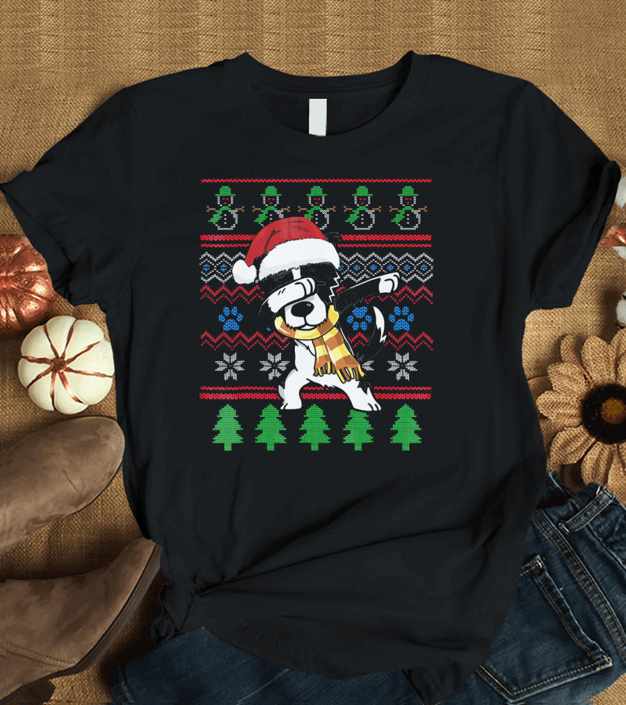 Border Collie Dabbing Christmas UglyStyle Santa Hat Scarf Snowmen Trees T-Shirt