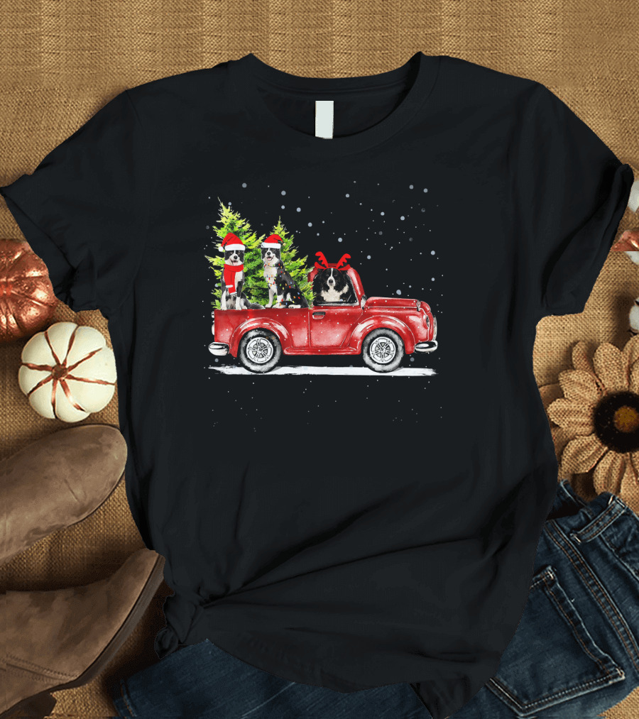 Christmas Border Collies in Red Truck with Santa Hats and Trees T-Shirt