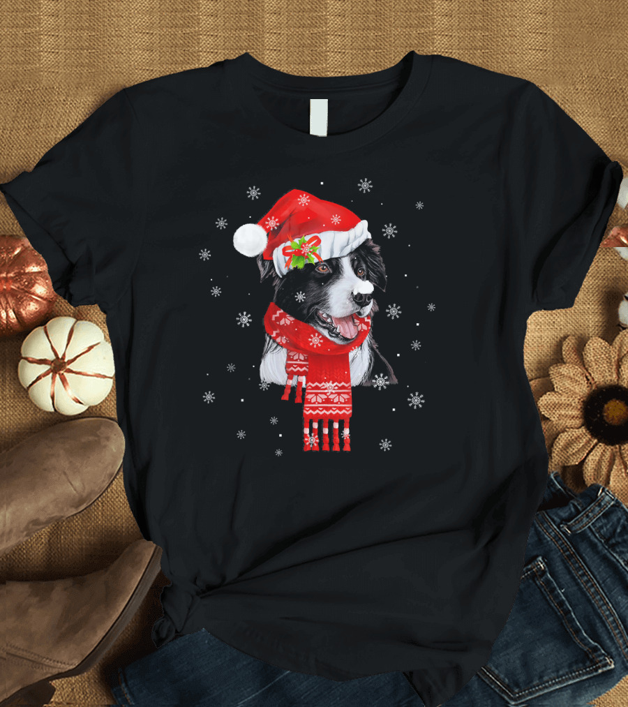Santa Hat Border Collie with Snowflakes and Red Scarf T-Shirt