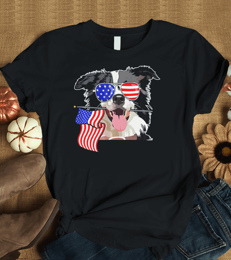 Border Collie Sunglasses American Flag 4th Of July T-Shirt
