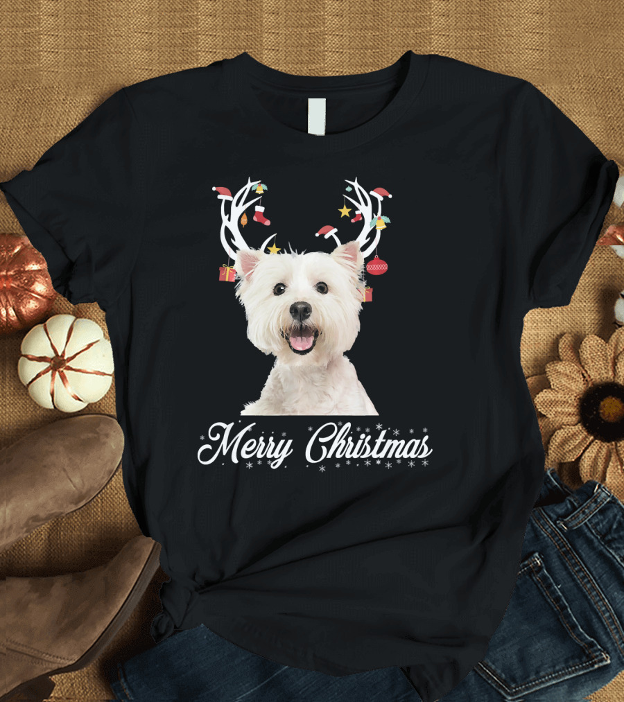 Bichon Frise Merry Christmas Reindeer Horns T-Shirt