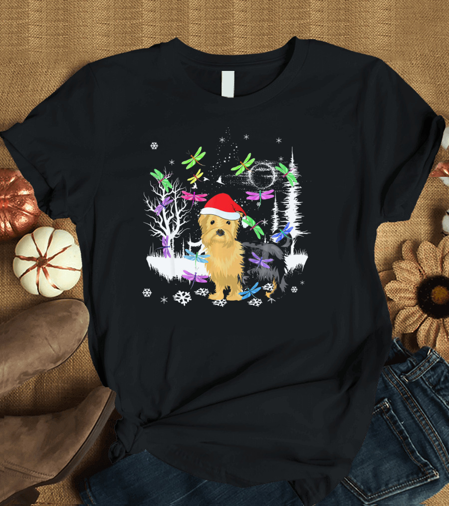 Yorkie Santa Winter Wonderland with Colorful Dragonflies T-Shirt