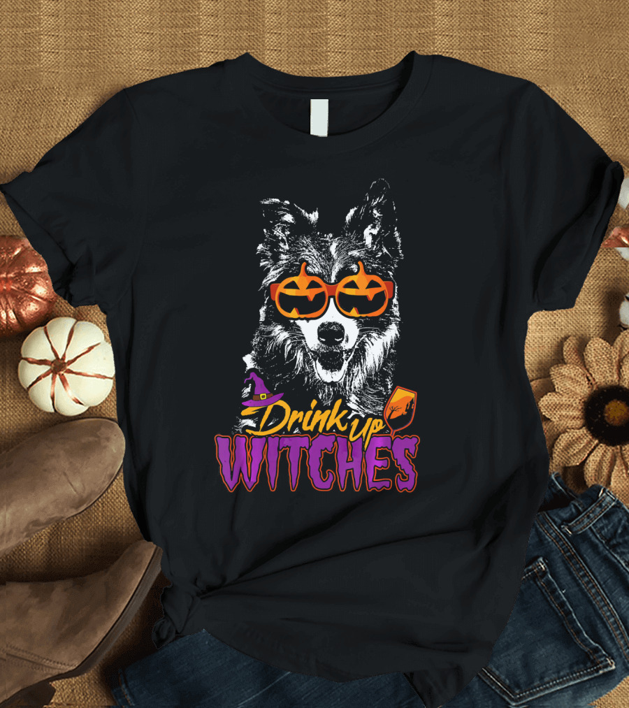 Drink Up Witches Border Collie Halloween Glasses Pumpkin Hat T-Shirt