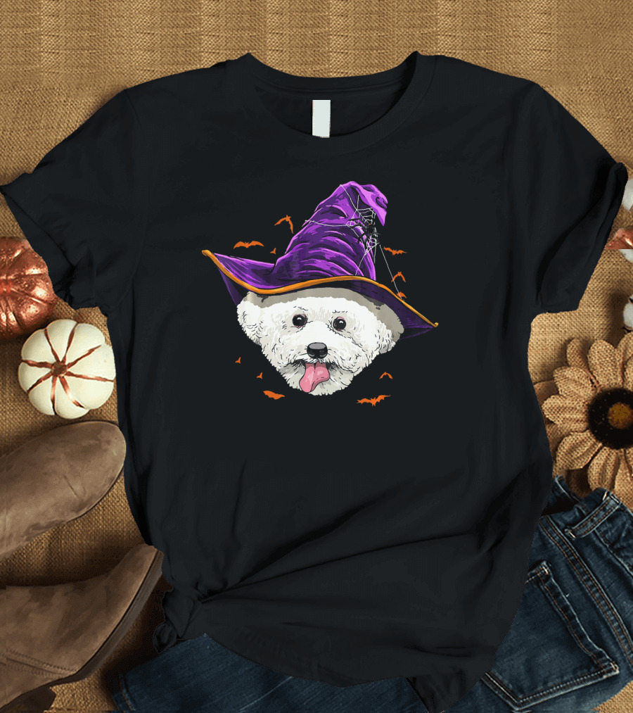 Bichon Frise in Purple Witch Hat with Bats T-Shirt