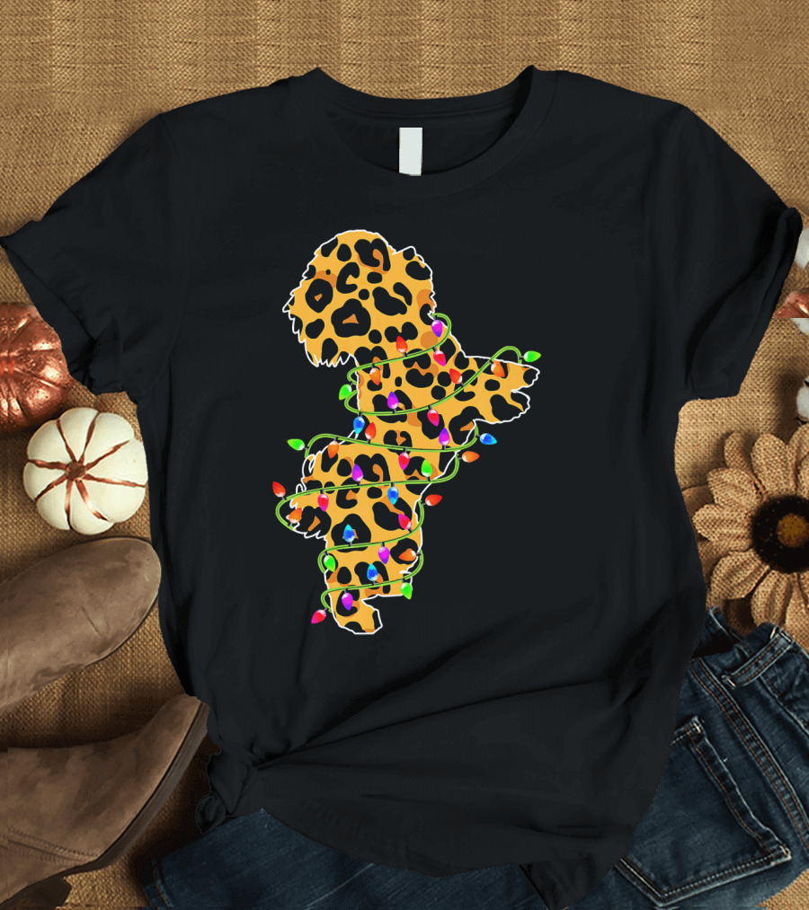 Bichon Frise Leopard Print Wrapped in Christmas Lights Pajama T-Shirt