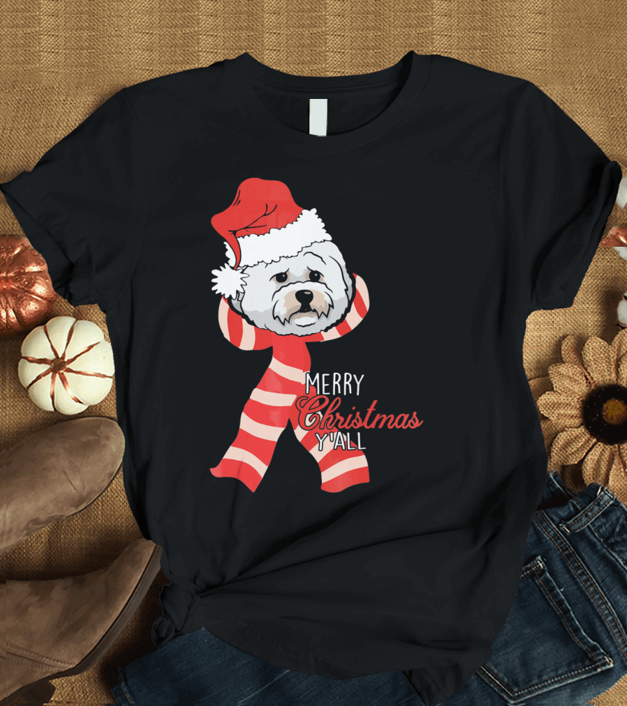 Bichon Frises Dog Merry Christmas Y'all Santa Hat Red Scarf T-Shirt