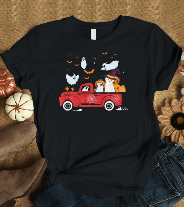 T-Shirt: Bichon Frise with Pumpkin and Ghosts in Red Truck Halloween Scene T-Shirt Bichon Frise with Pumpkin and Ghosts in Red Truck Halloween Scene T-Shirt