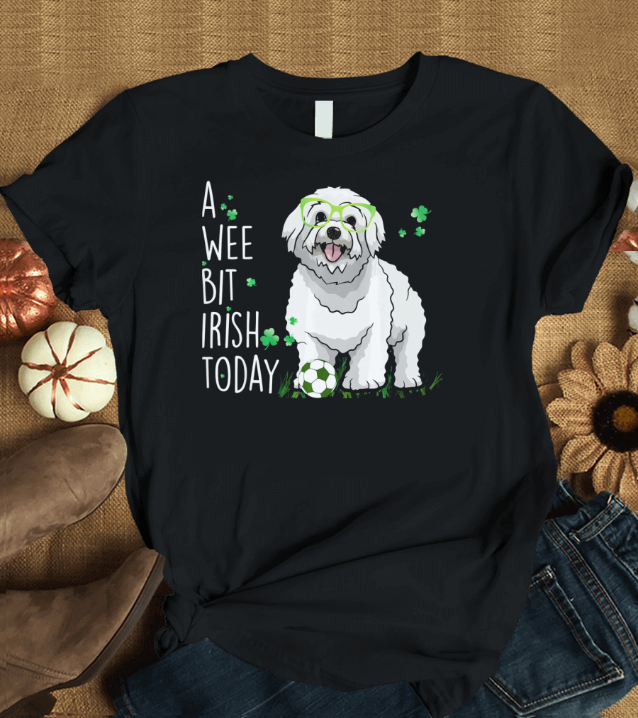 A Wee Bit Irish Today Bichon Frise with Green Glasses and Soccer Ball with Shamrocks T-Shirt