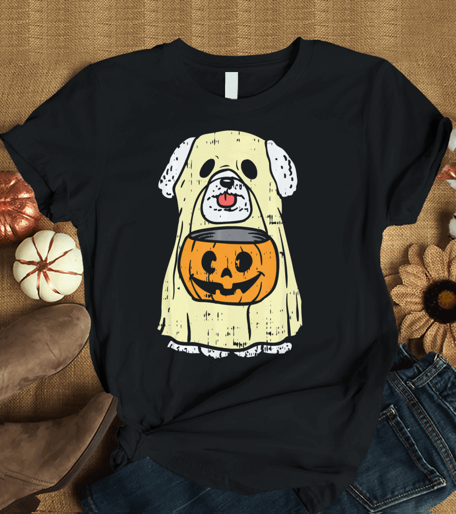 Bichon Frise Ghost Costume with Pumpkin for Funny Halloween T-Shirt