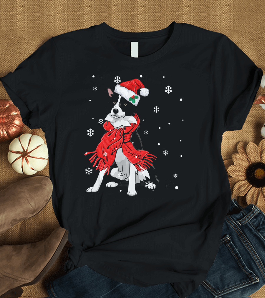 Border Collie Wearing Santa Hat and Red Scarf with Snowflakes T-Shirt