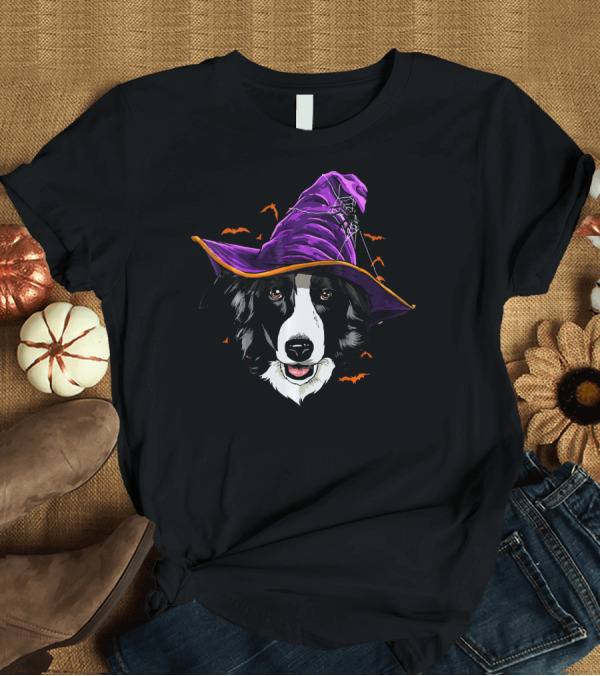 T-Shirt: Border Collie Purple Witch Hat Halloween Bats T-Shirt Border Collie Purple Witch Hat Halloween Bats T-Shirt