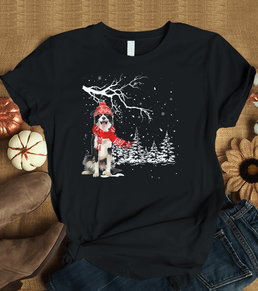 Border Collie Dog in Snowy Winter Forest with Red Scarf and Hat T-Shirt