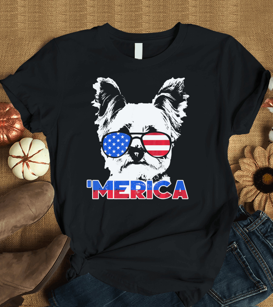 Patriot Yorkie 'Merica USA Sunglasses Stars Stripes T-Shirt