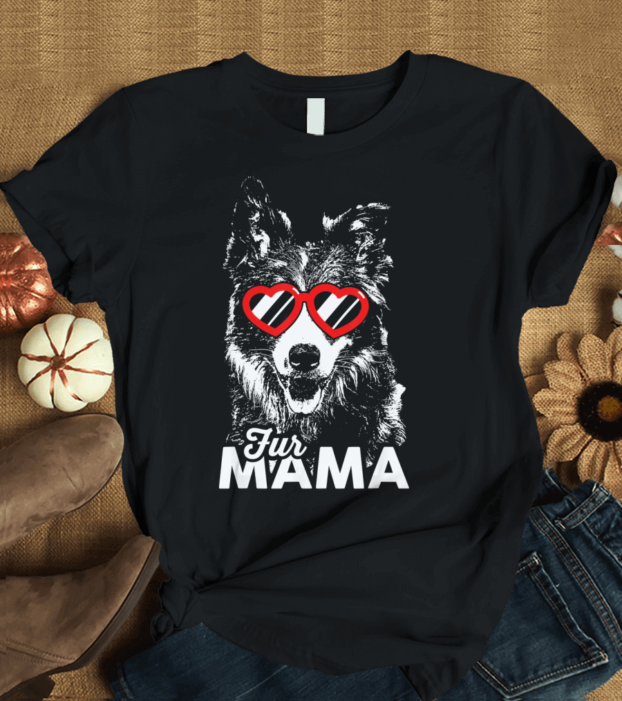 Fur Mama Border Collie with Heart Sunglasses T-Shirt