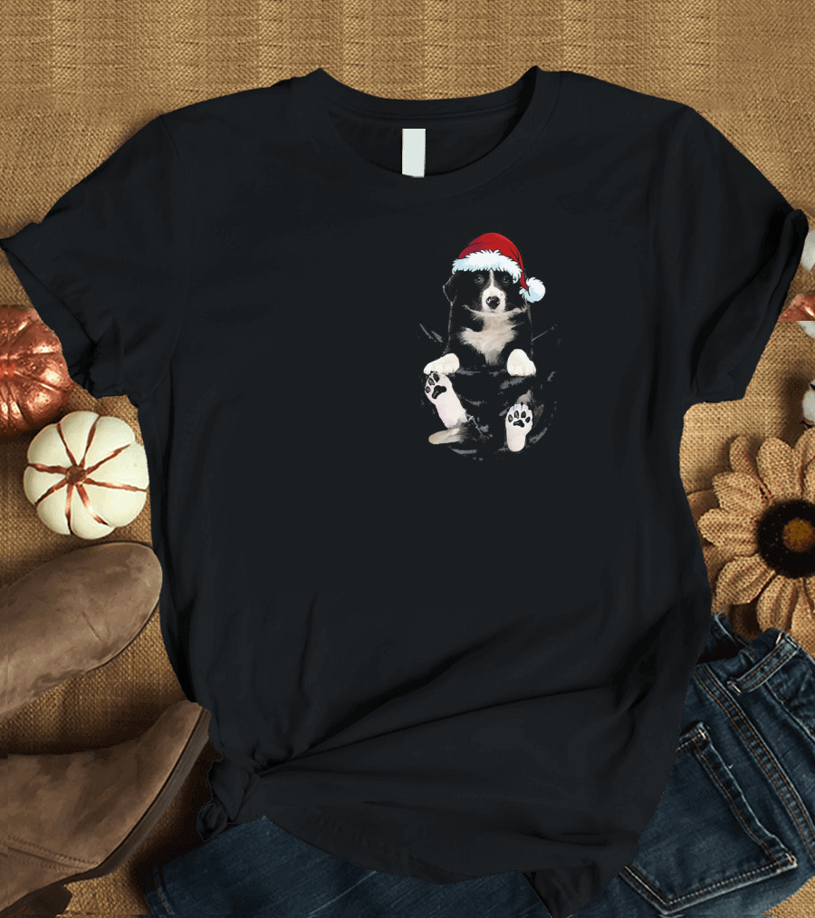 Border Collie In Santa Hat Inside Pocket T-Shirt