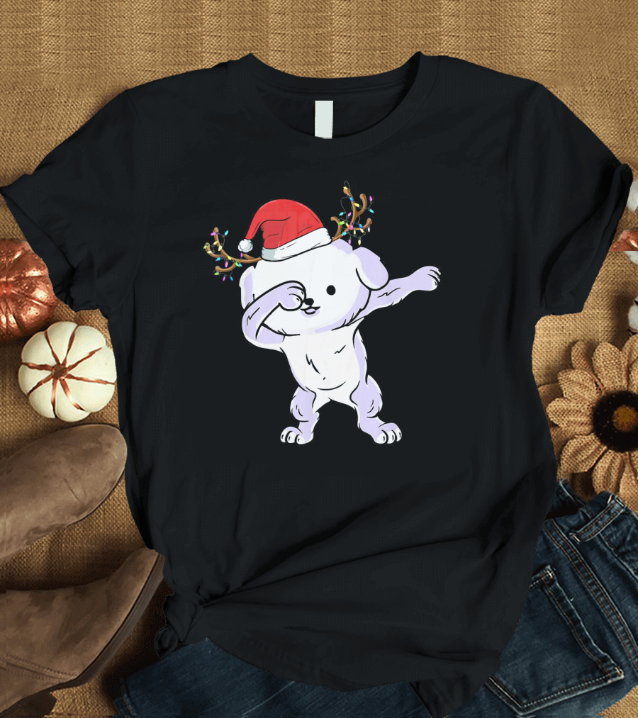 Dabbing Bichon Frise with Santa Hat and Reindeer Antlers T-Shirt