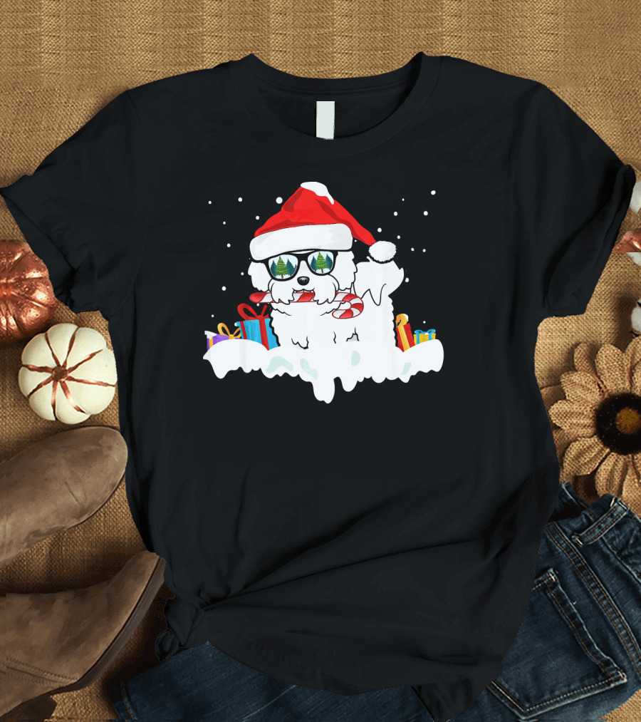 Bichon Frise Santa Candy Cane Gifts and Festive Snowflakes T-Shirt