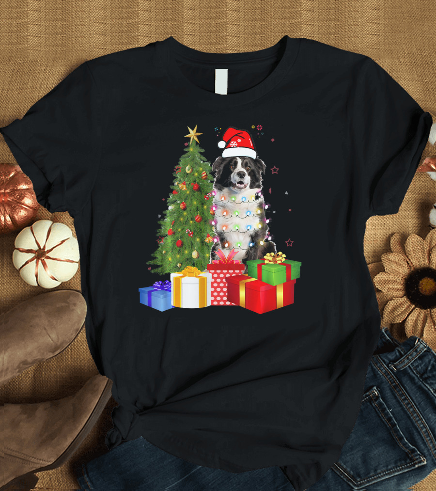 Santa Hat Border Collie Wrapped in Christmas Lights With Tree and Gifts T-Shirt