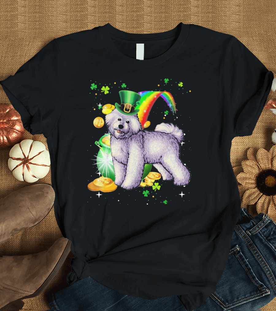 St Patricks Day Bichon Frise with Leprechaun Hat and Rainbow Gold Coins T-Shirt